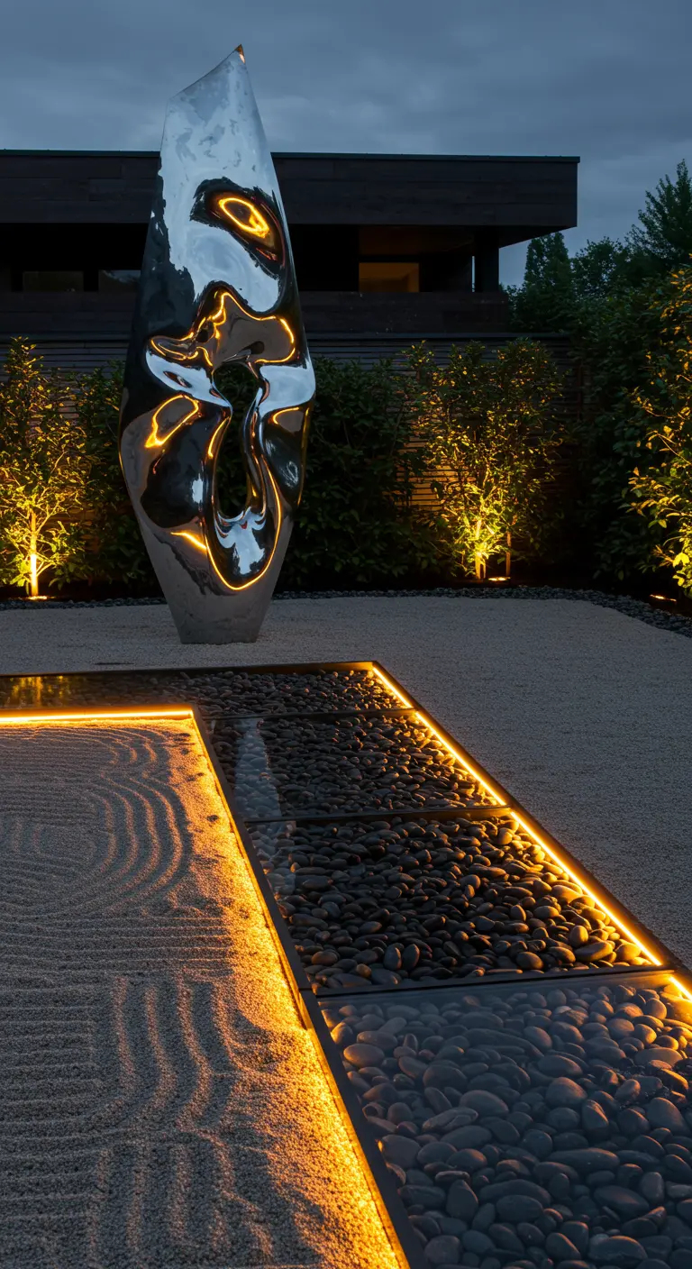 Jardín zen con escultura de acero pulido y caminos de grava iluminados por tiras LED cálidas.