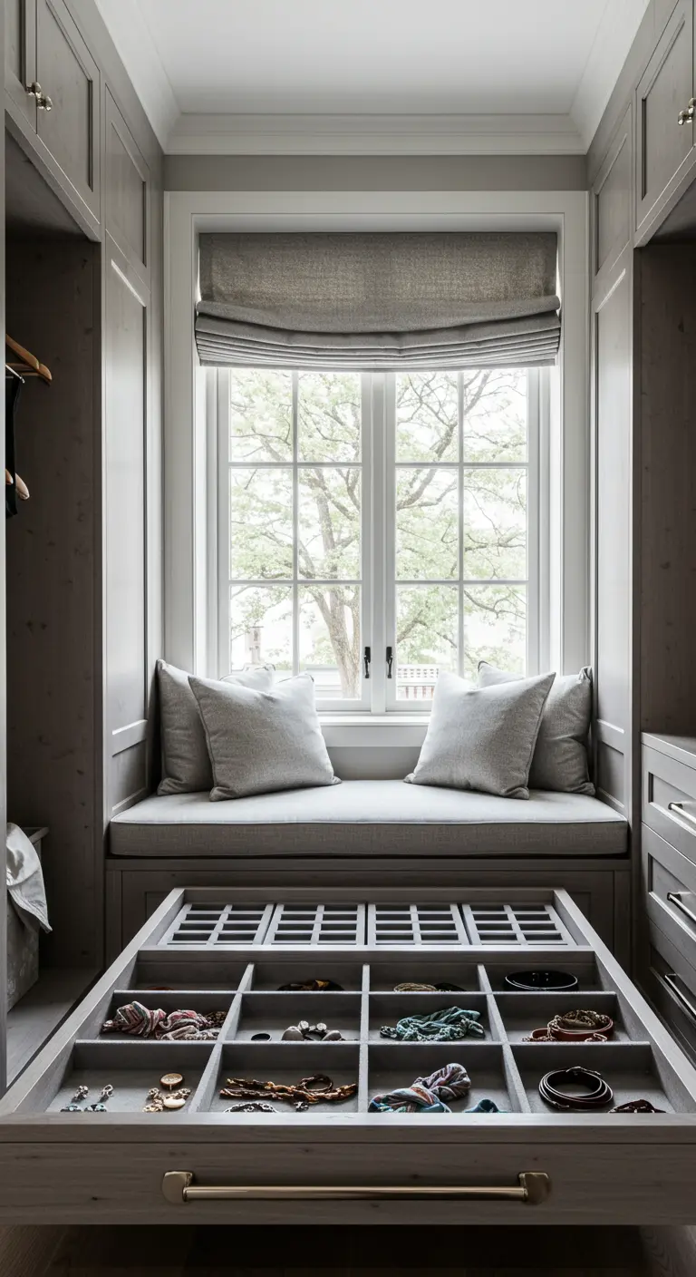 Cajón extraíble de un banco de ventana con compartimentos para organizar joyas.