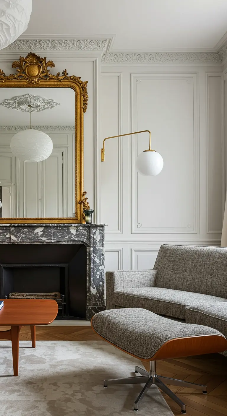 Sala con una lámpara de diseño moderno con brazo dorado y una butaca Eames junto a la chimenea.