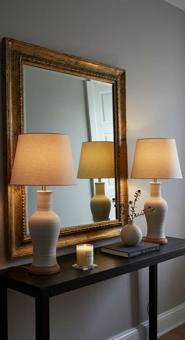 Consola de entrada elegante con un gran espejo de marco dorado y dos lámparas de mesa simétricas.