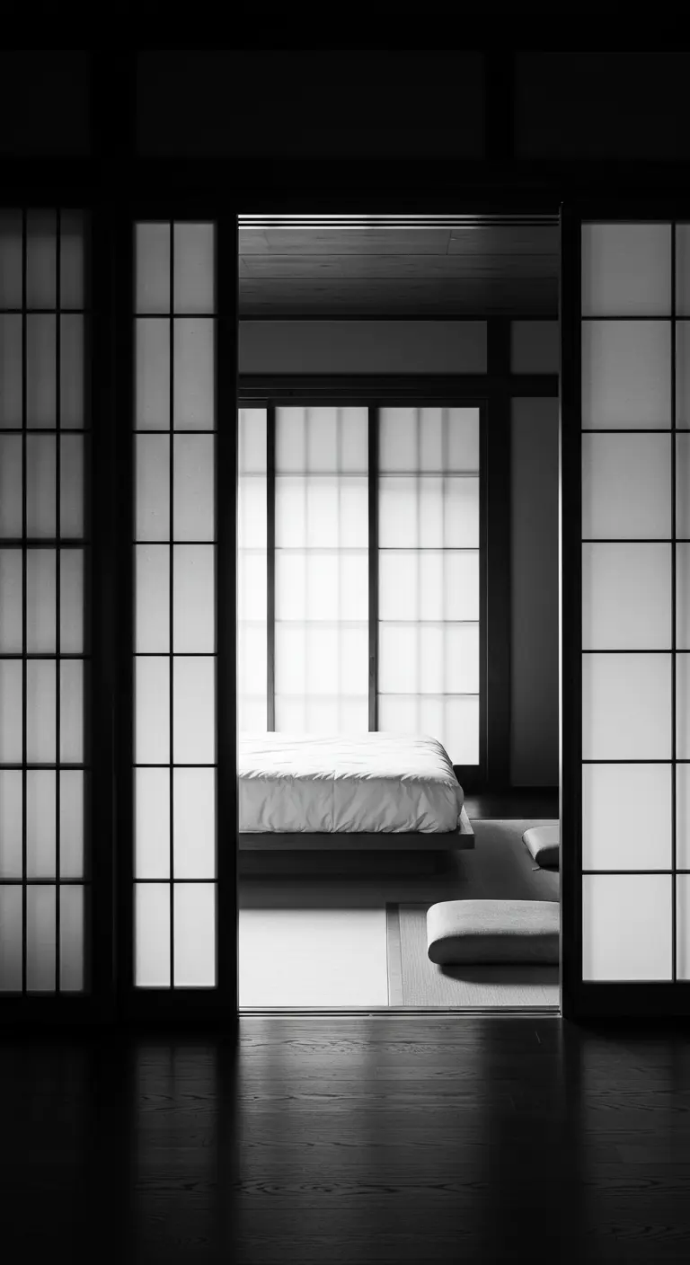 Vista a través de puertas Shoji de un dormitorio japonés minimalista en blanco y negro.