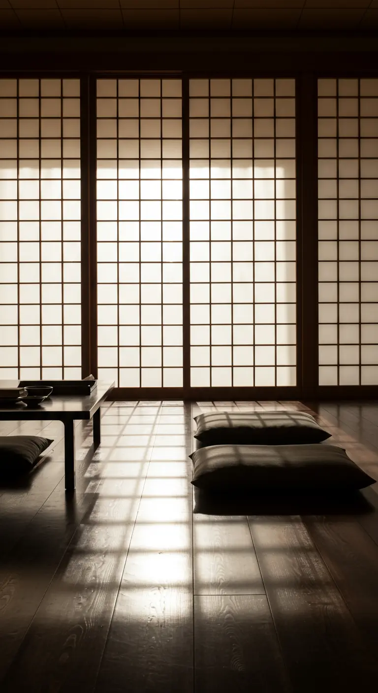 Interior de una habitación japonesa con paneles shoji que filtran la luz y cojines en el suelo.