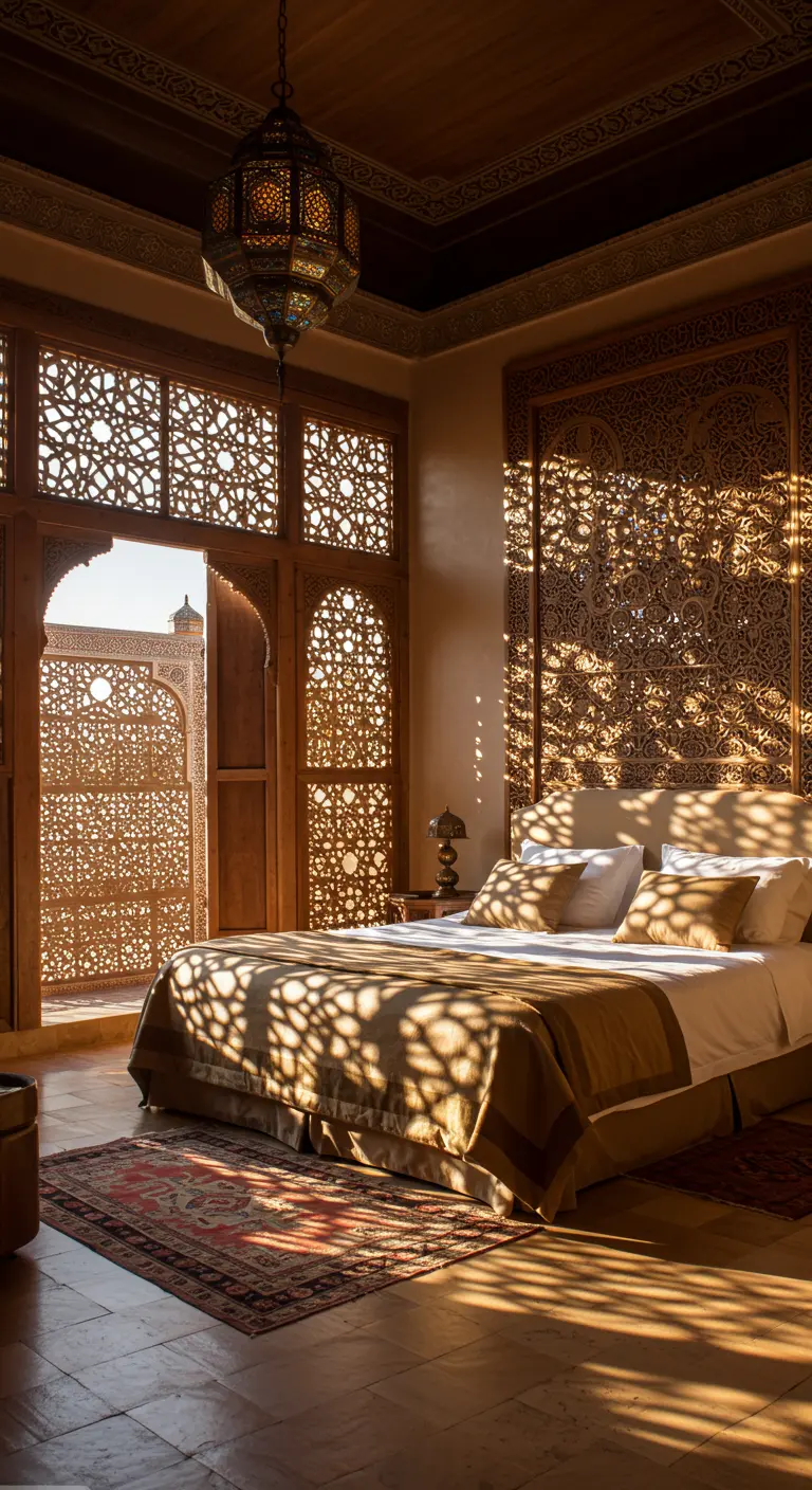 Dormitorio marroquí con grandes paneles de celosía de madera que proyectan sombras geométricas en la habitación.