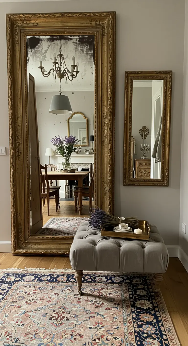 Recibidor con un gran espejo dorado apoyado en la pared y un puf tapizado en capitoné.