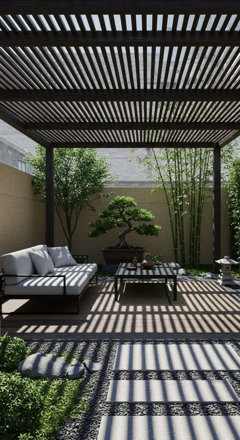 Jardín zen con pérgola de listones oscuros, sofá bajo y bambú.