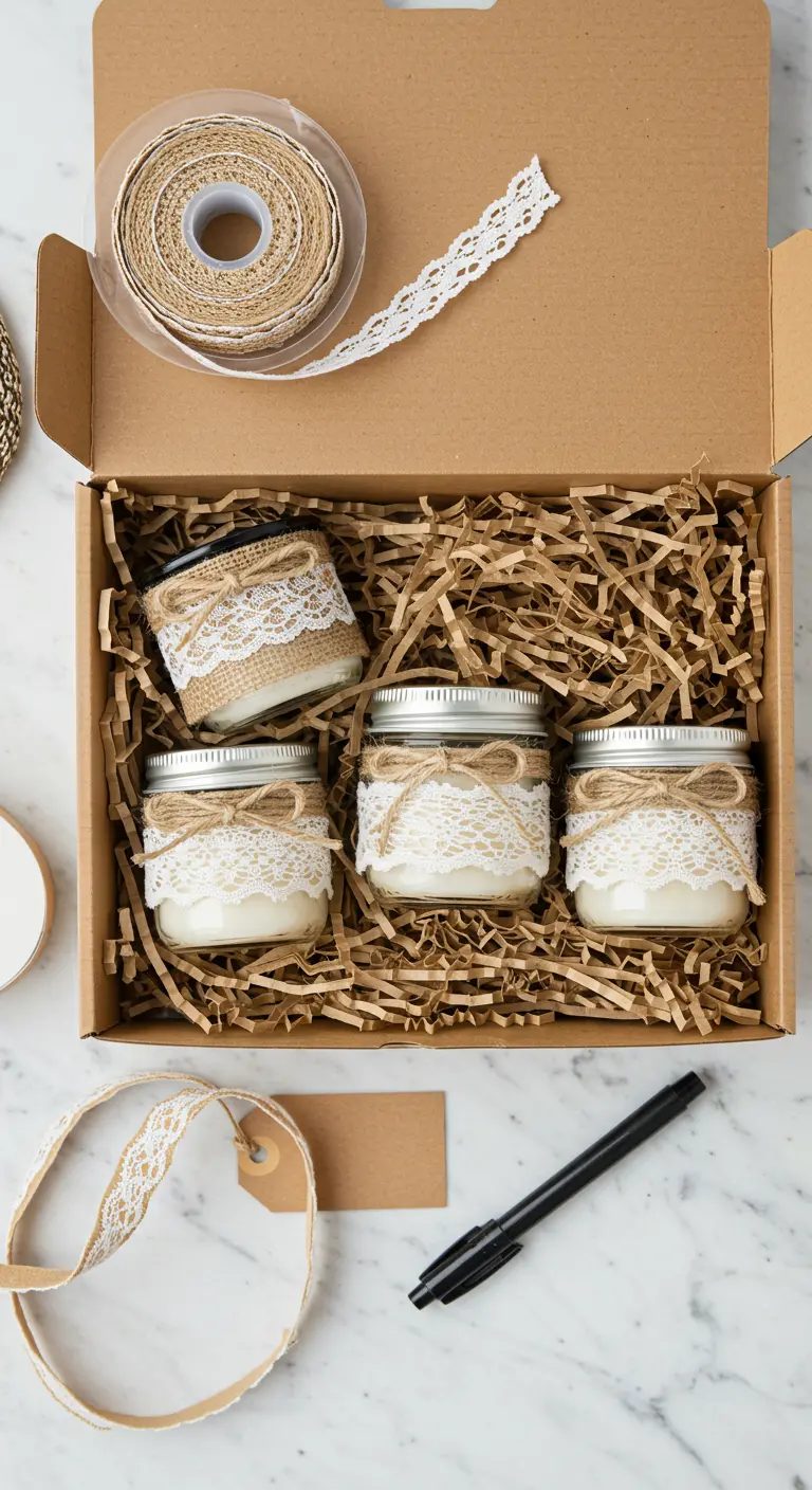 Caja de regalo con velas decoradas con encaje y yute, listas para ser empaquetadas.