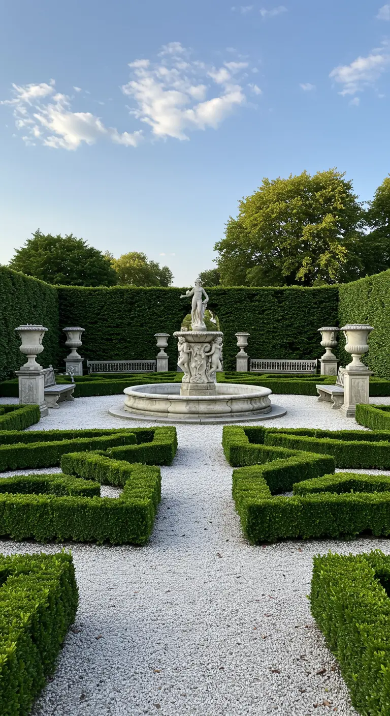 Jardín formal con setos de boj geométricos, grava blanca y una fuente central.