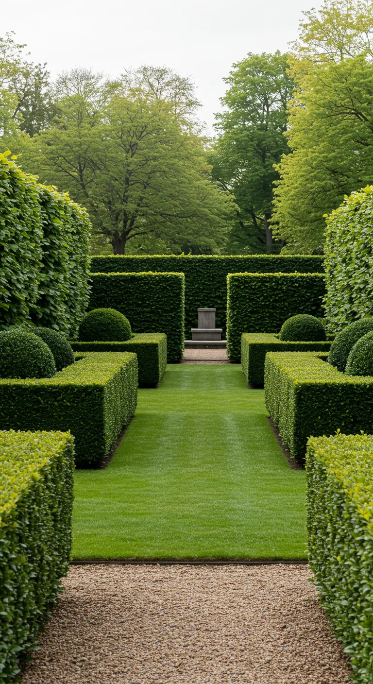 Jardín formal con pasillos de césped y altos setos perfectamente recortados en formas geométricas.