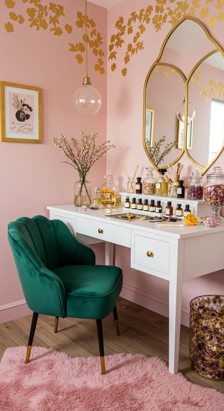 Tocador para crear perfumes con paredes rosas, detalles dorados y una silla de terciopelo verde.