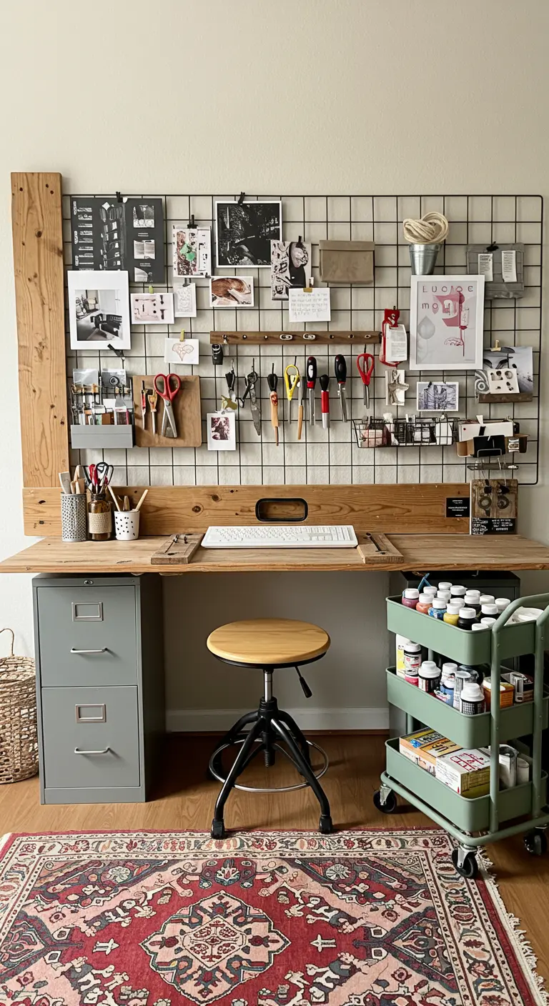 Taller de arte con una pared de rejilla metálica, archivador y carrito de servicio.