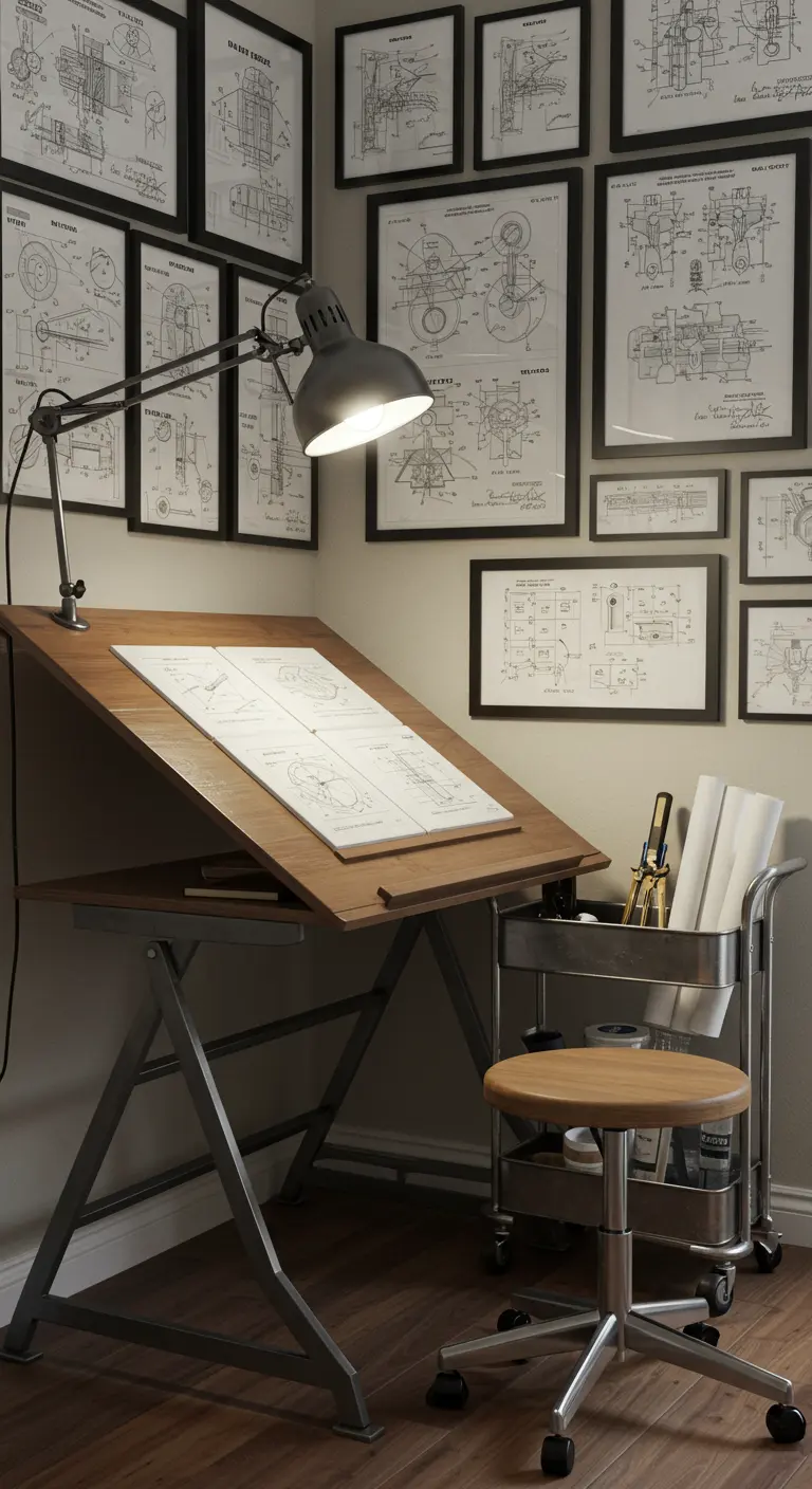 Rincón de dibujo con mesa de arquitecto y una pared llena de bocetos técnicos.