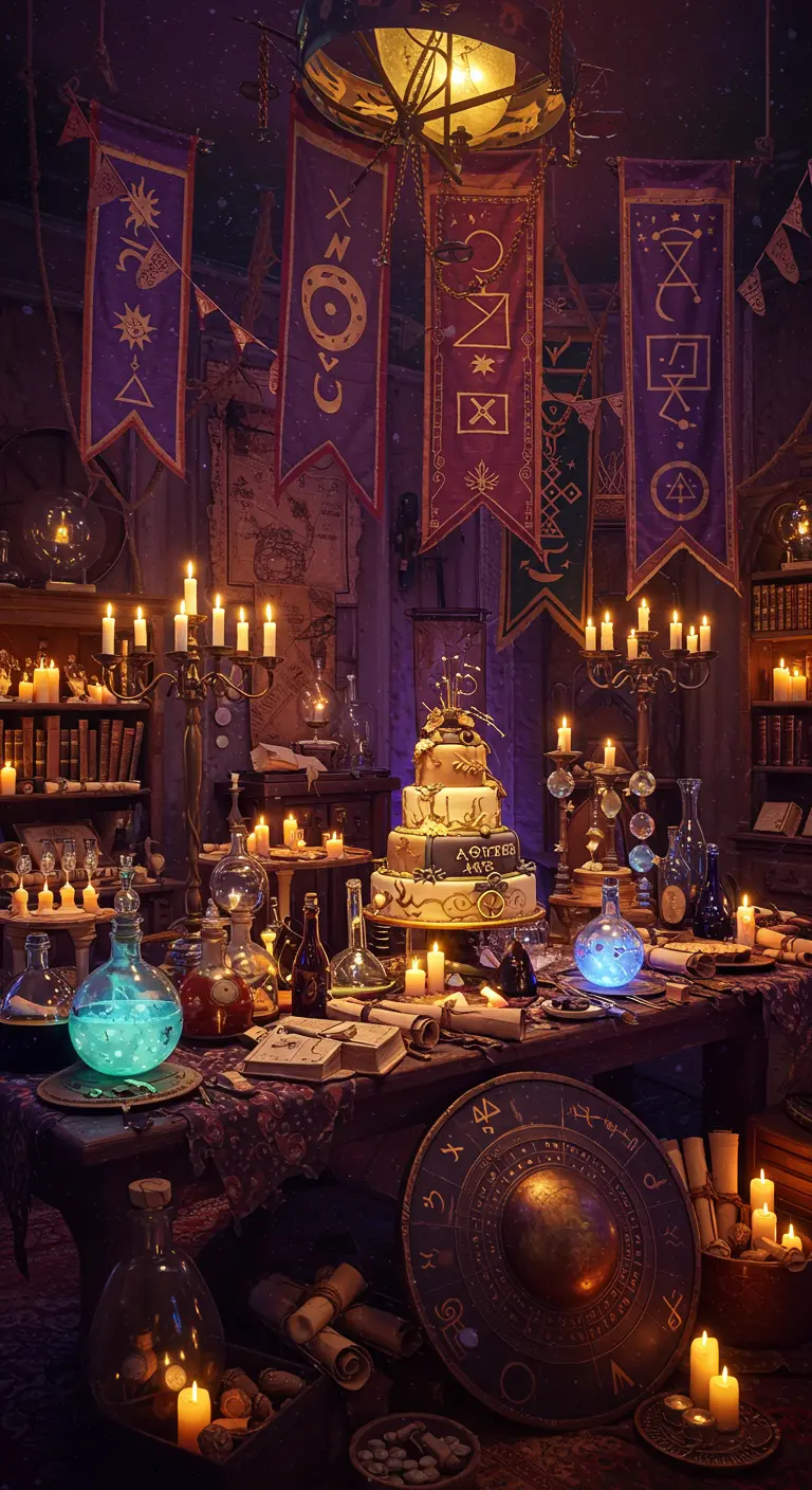 Mesa de alquimista llena de pociones humeantes, velas, libros antiguos y un pastel de cumpleaños mágico.