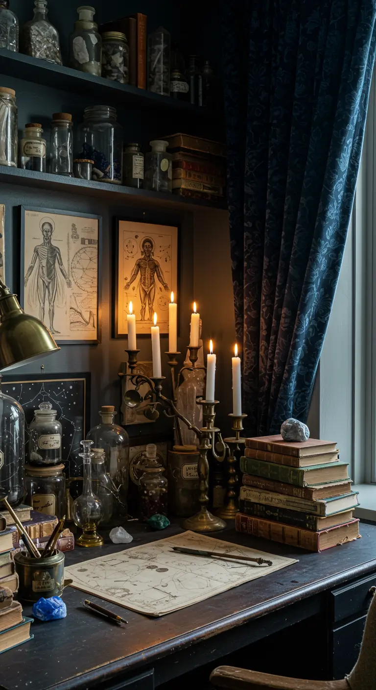 Escritorio de estilo alquimista con frascos, láminas de anatomía y muchas velas.