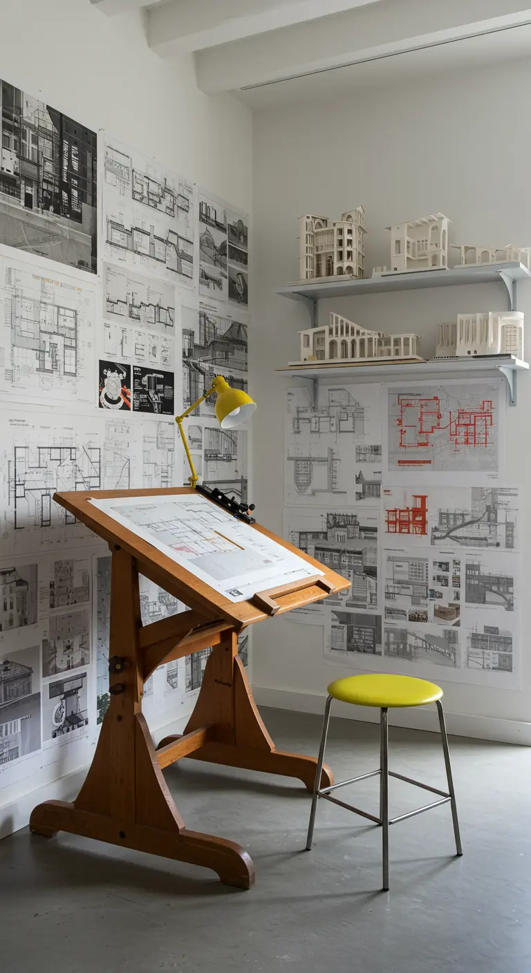 Estudio de arquitectura con una mesa de dibujo, paredes cubiertas de planos y una lámpara amarilla.