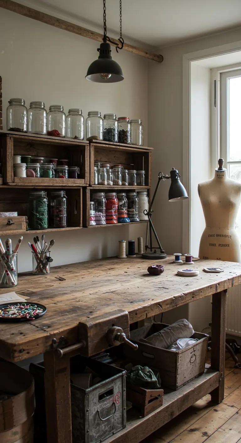Taller de manualidades con un robusto banco de carpintero, estantes con frascos de vidrio y un maniquí.