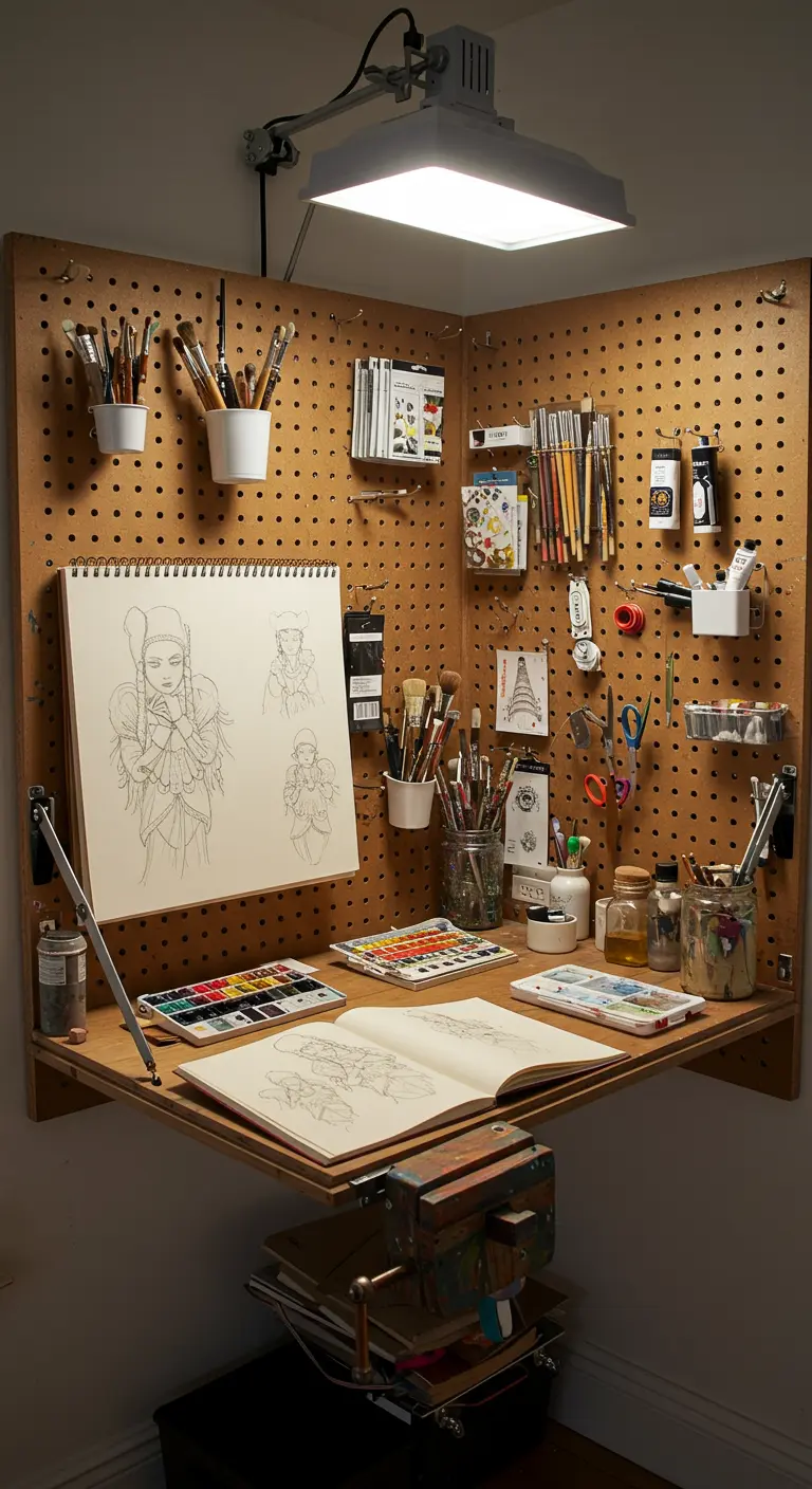 Rincón de trabajo para artistas con un escritorio esquinero hecho de tableros perforados (pegboard).