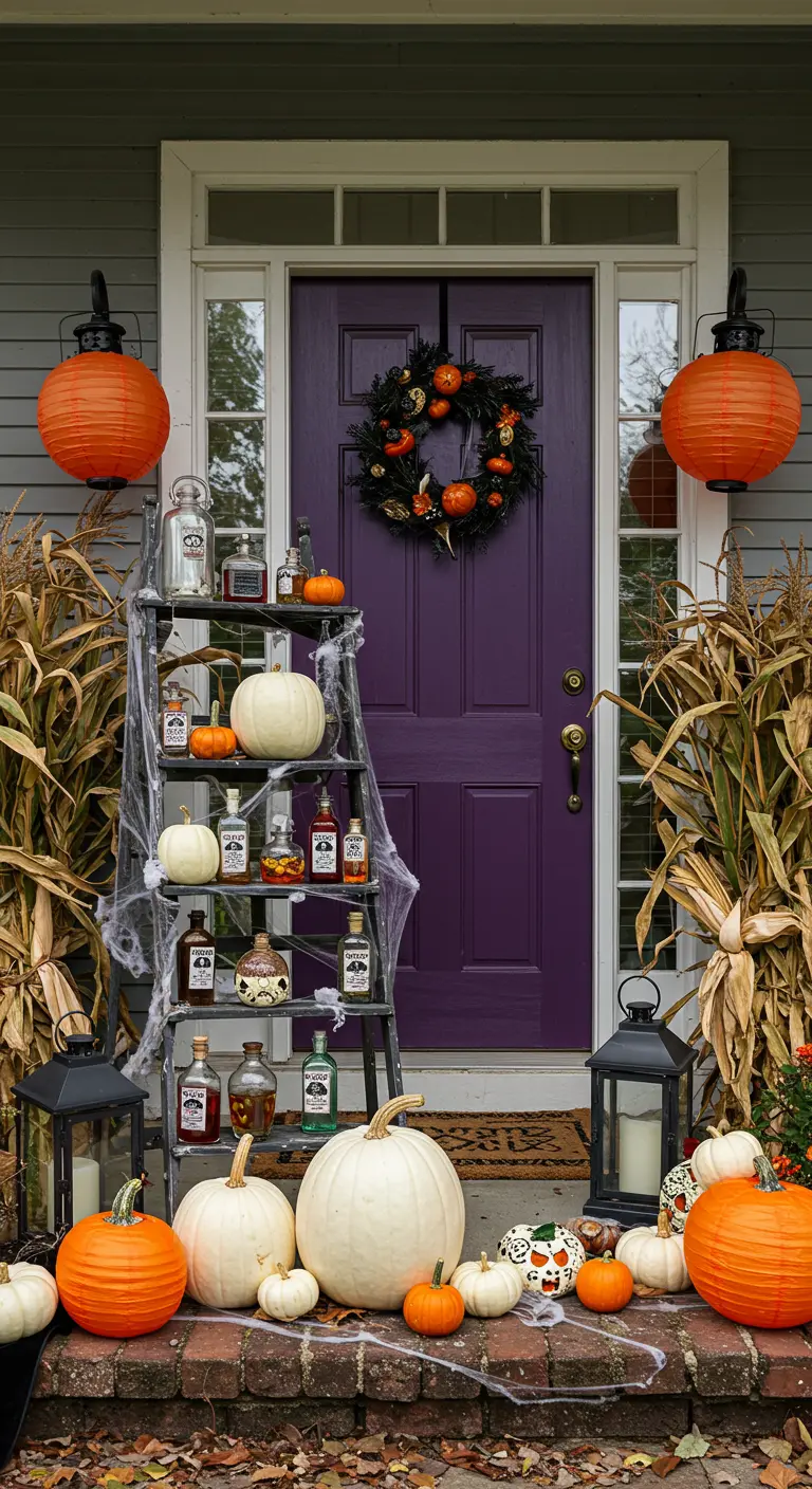 Decoración de Halloween con una escalera negra llena de botellas de pociones, calabazas y telarañas.