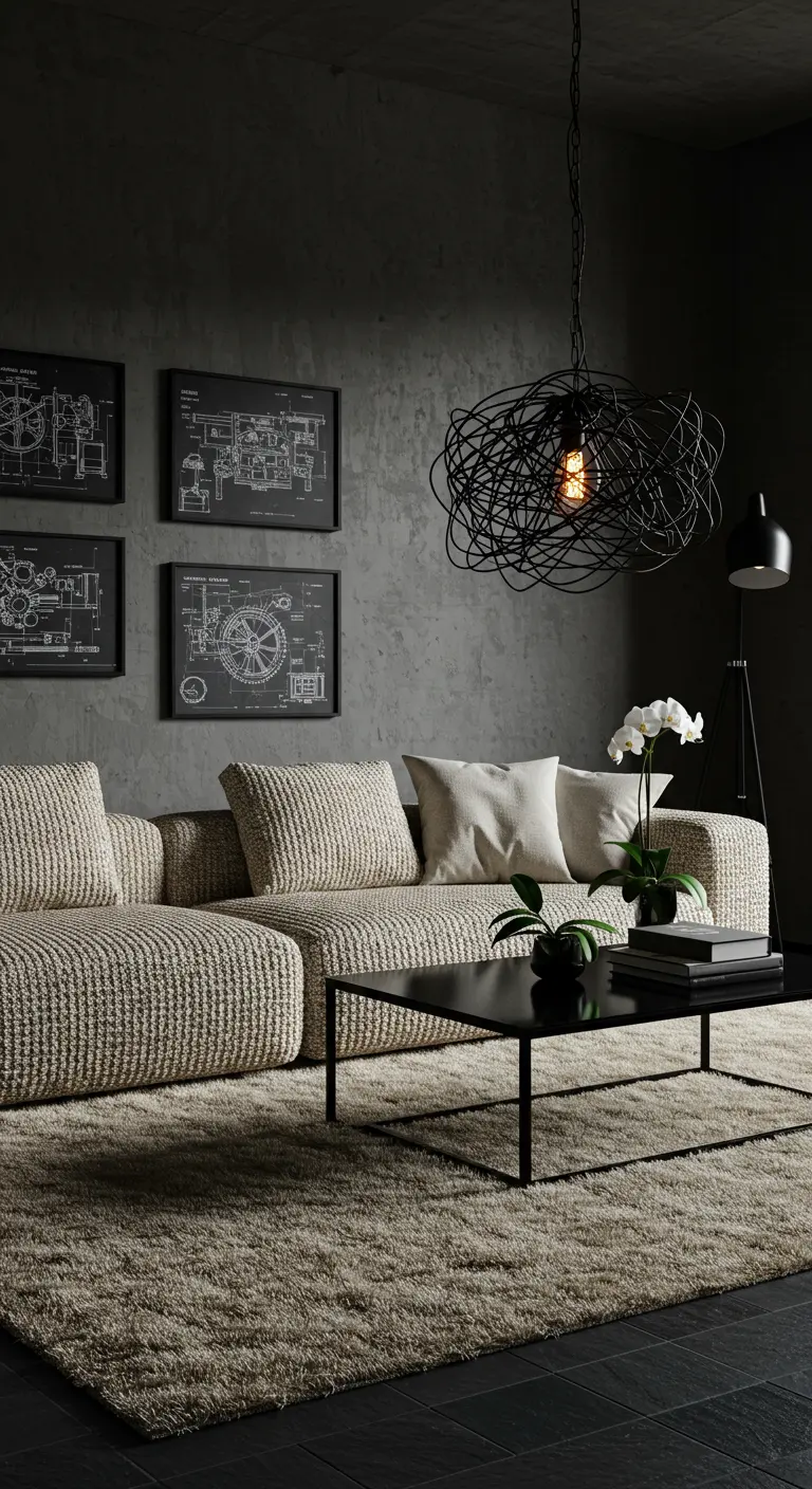 Salón industrial con planos técnicos enmarcados y una lámpara de alambre negro.