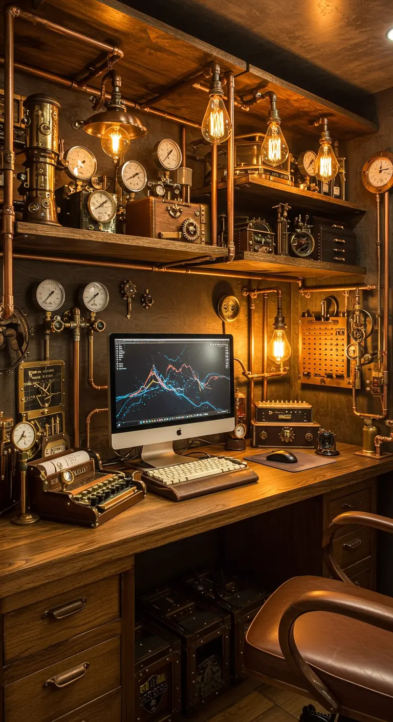 Oficina de estilo steampunk con tuberías de cobre, relojes antiguos y bombillas Edison.