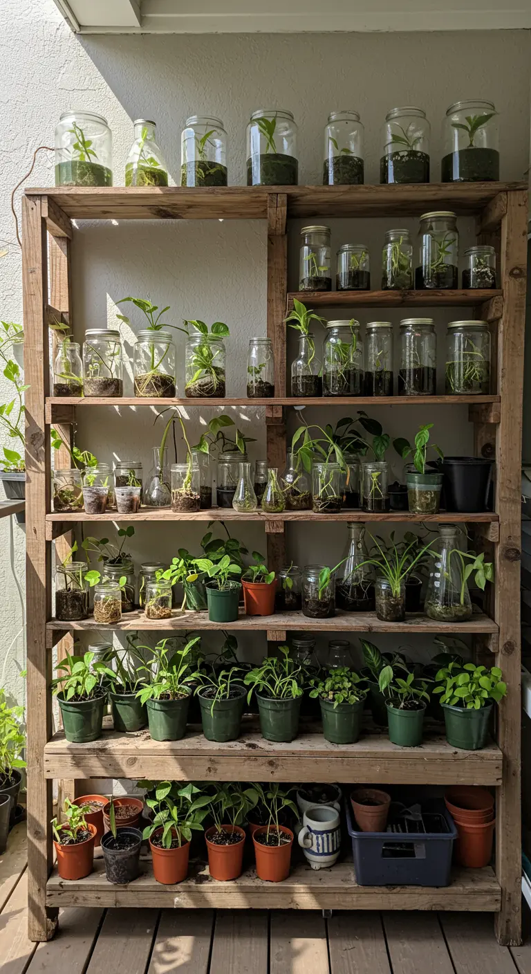 Estantería de madera grande llena de frascos de vidrio con esquejes de plantas enraizando.