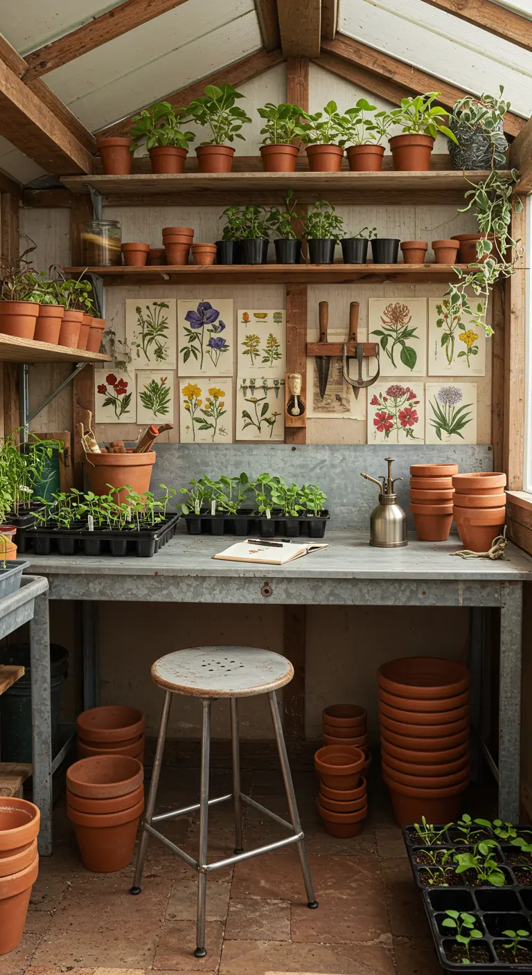 Rincón de jardinería en un cobertizo con mesa de metal y muchas macetas de terracota.
