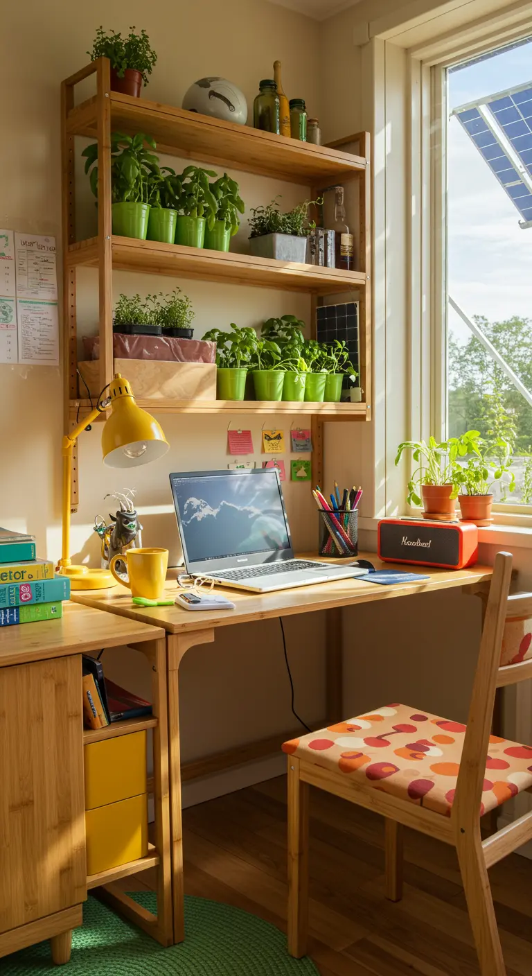 Escritorio soleado de bambú con estantes llenos de plantas y hierbas en macetas.