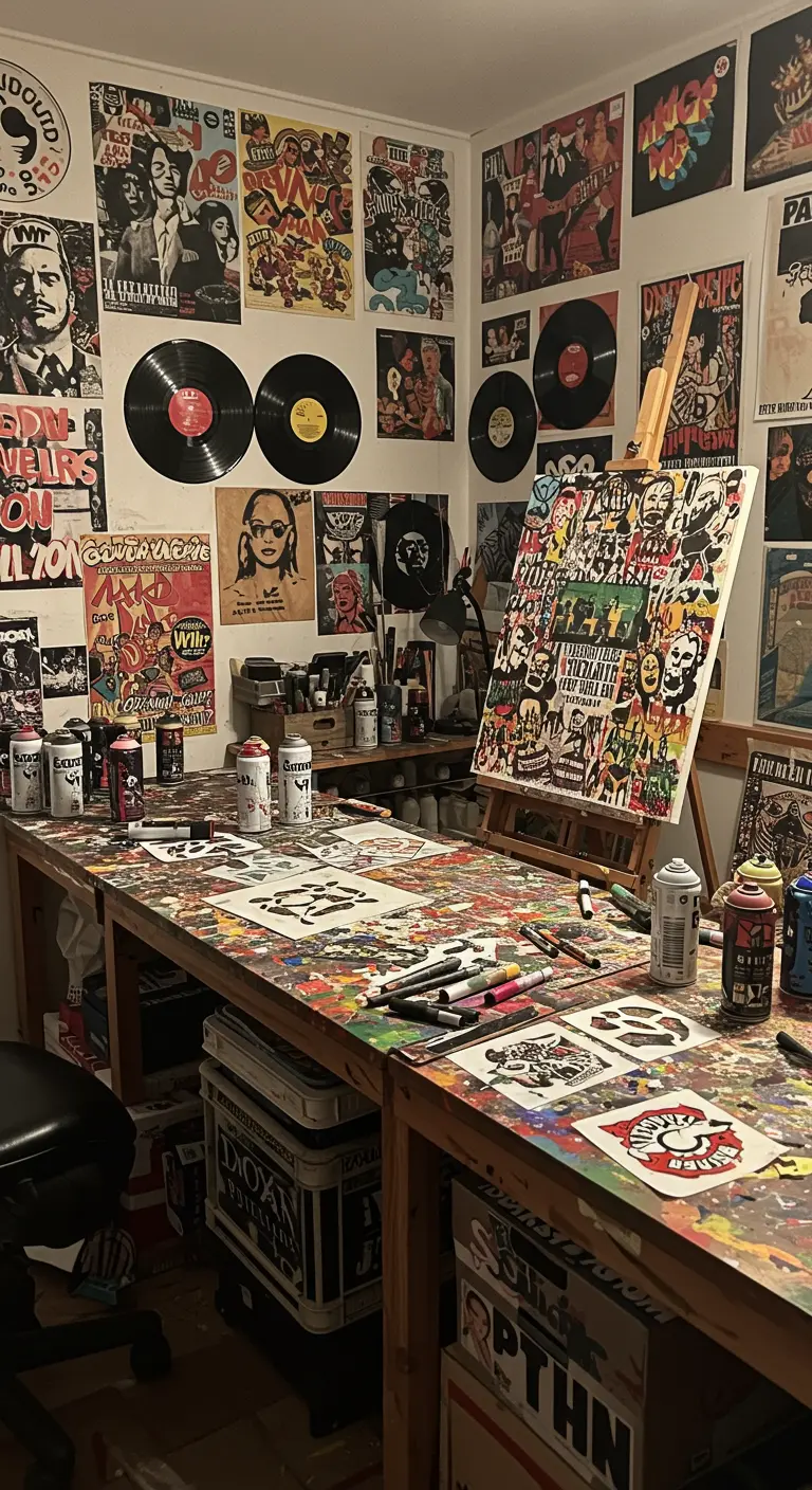 Estudio de artista abarrotado de pósteres, vinilos en la pared y una mesa de trabajo cubierta de botes de spray.