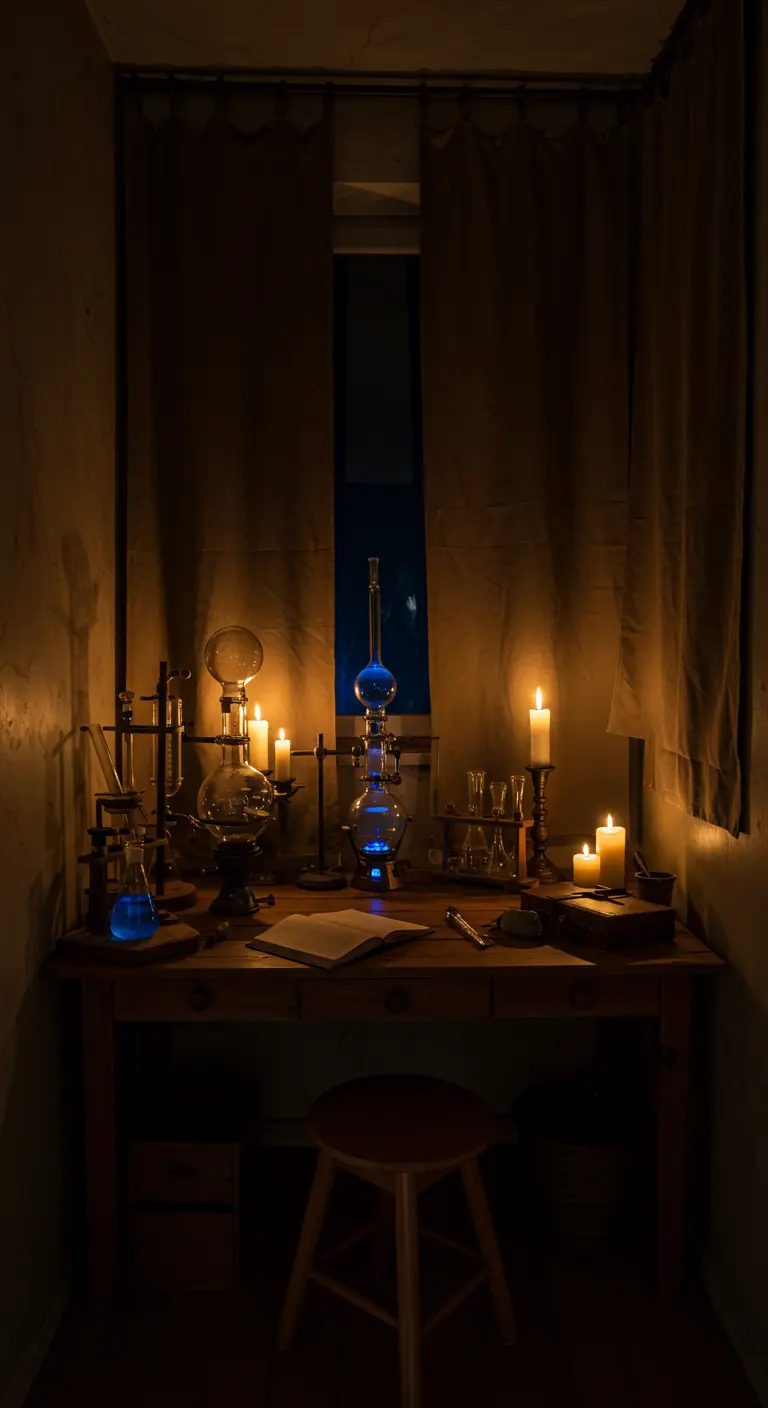 Escritorio de laboratorio con material de vidrio, líquidos de colores y velas encendidas.