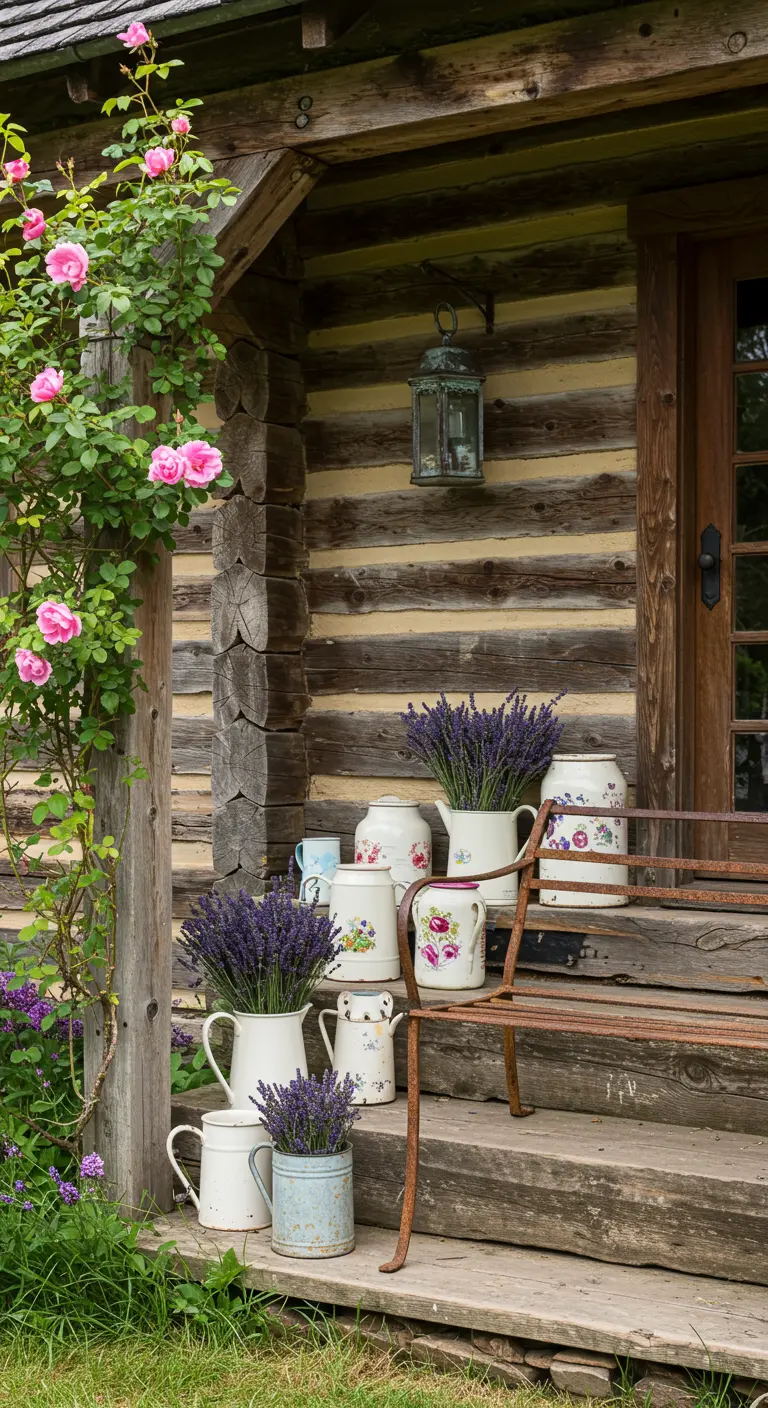 Porche de una cabaña de madera con un banco de hierro oxidado y lavanda en jarras de loza antiguas.