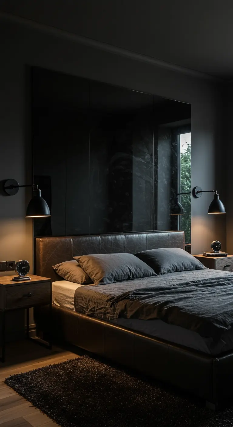 Pared de espejo negro detrás de una cama con cabecero de cuero en un dormitorio oscuro y moderno.