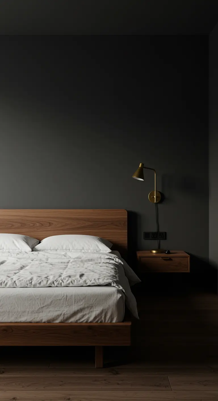 Dormitorio con paredes de color carbón oscuro, cama de madera y lámpara de latón.