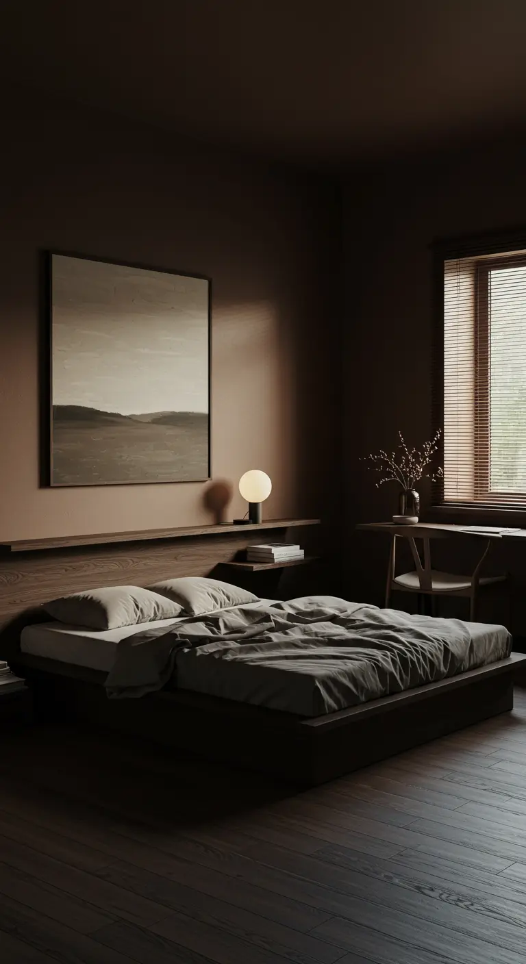 Dormitorio oscuro en tonos marrones y chocolate con una cama baja de madera.