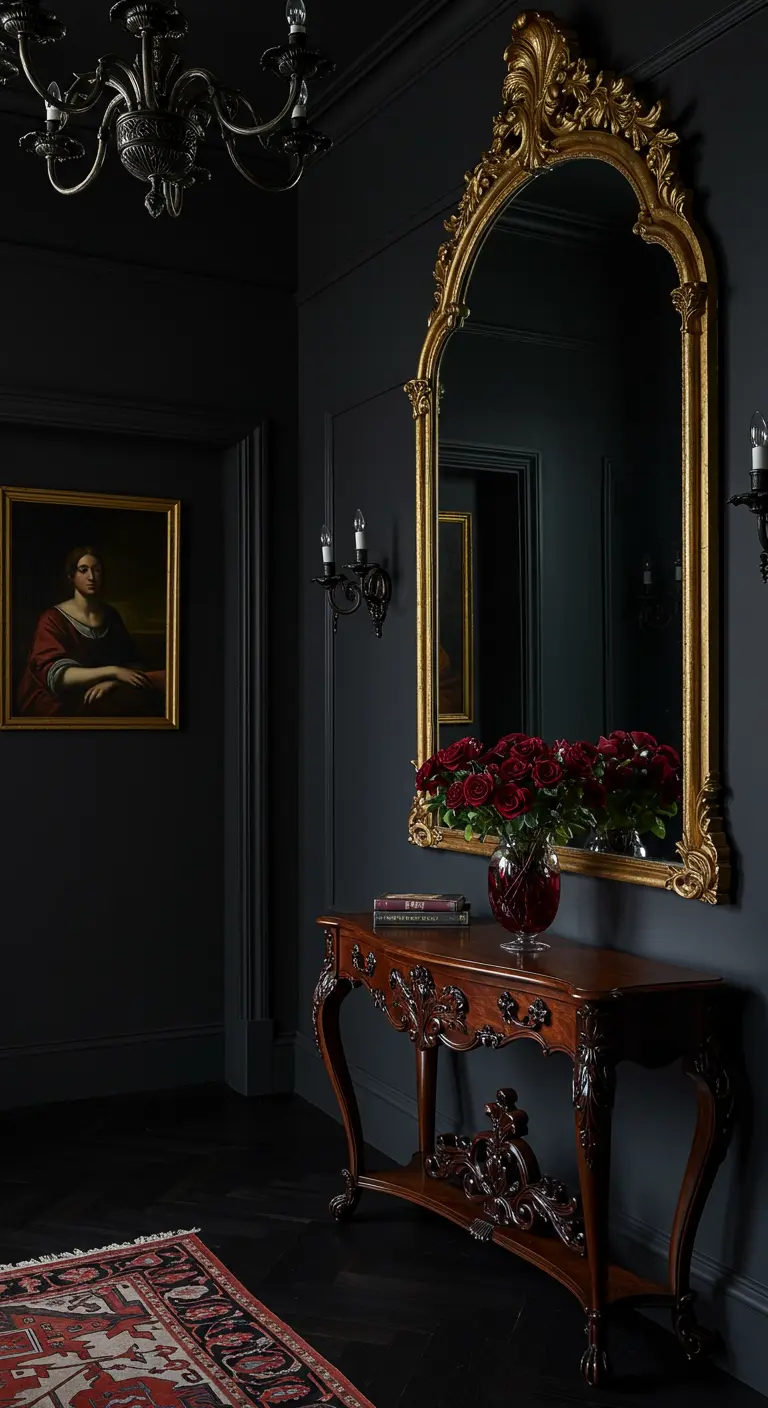 Entrada dramática con paredes negras, gran espejo rococó dorado y consola de madera oscura.