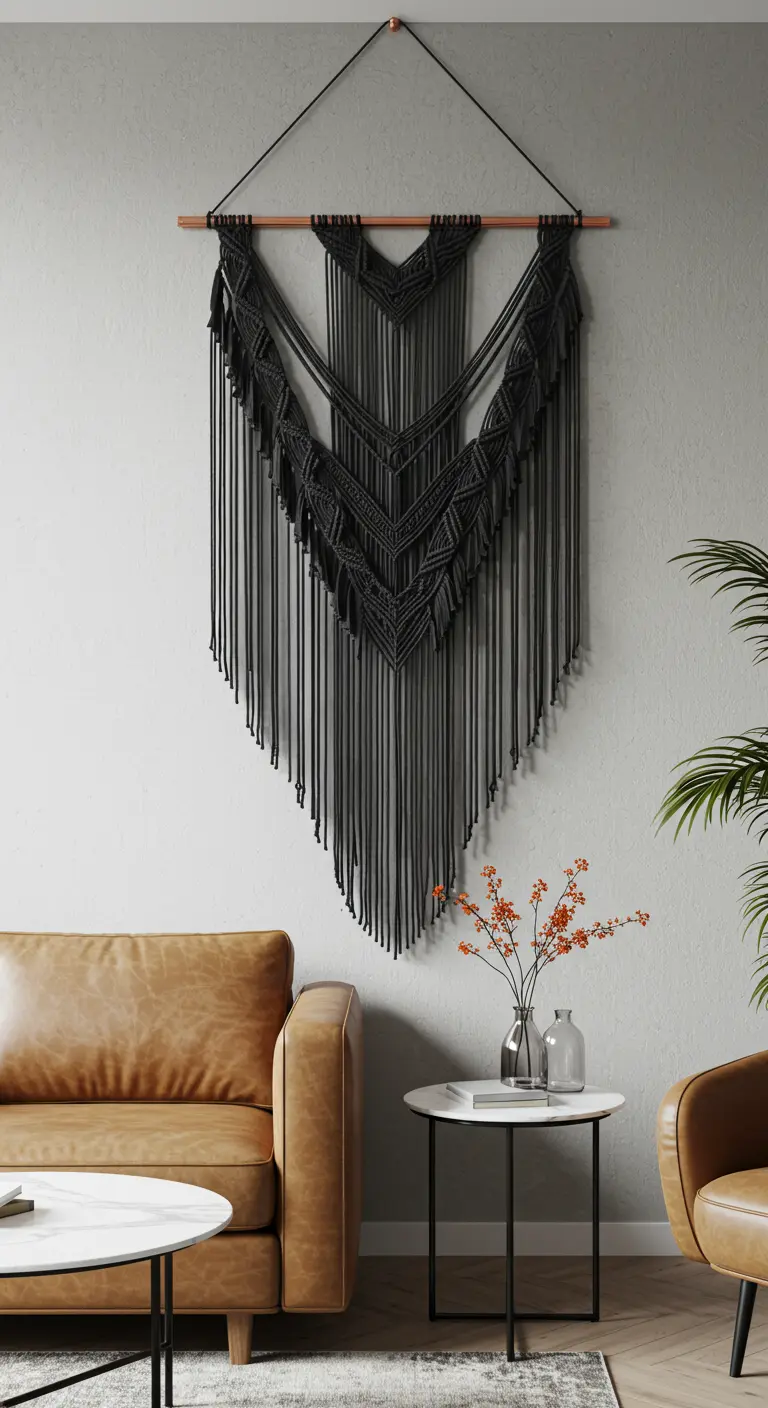 Elegante tapiz de macramé negro colgado en una pared gris sobre un sofá de cuero marrón.