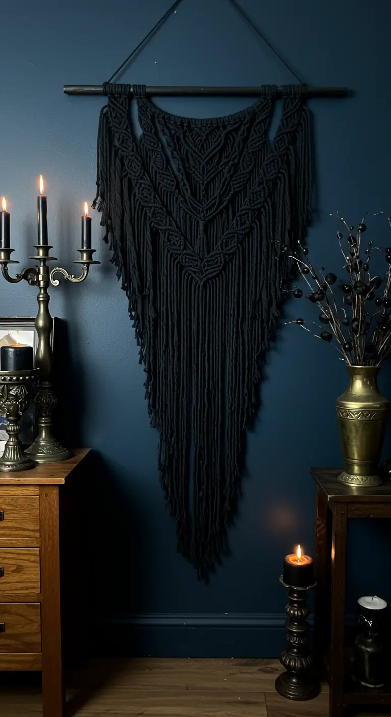 Gran tapiz de macramé negro colgado en una pared azul oscuro, creando un ambiente gótico y elegante.