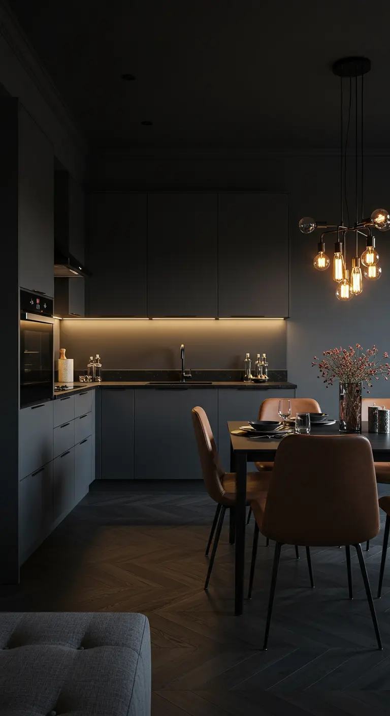 Cocina y comedor oscuros y elegantes con gabinetes negros y lámpara de diseño.