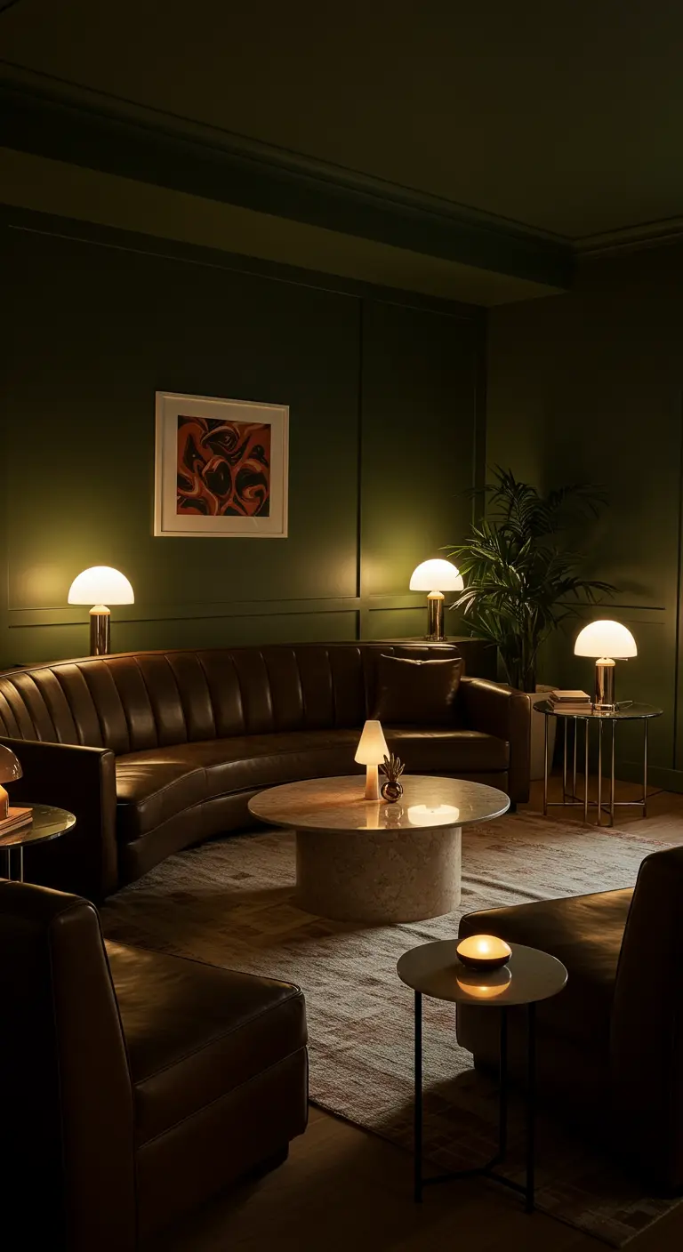 Sala de estar oscura y elegante con sofá de cuero curvo y lámparas de mesa.