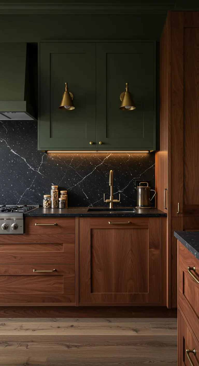 Cocina oscura y elegante con gabinetes verde oscuro, madera de nogal y mármol negro.