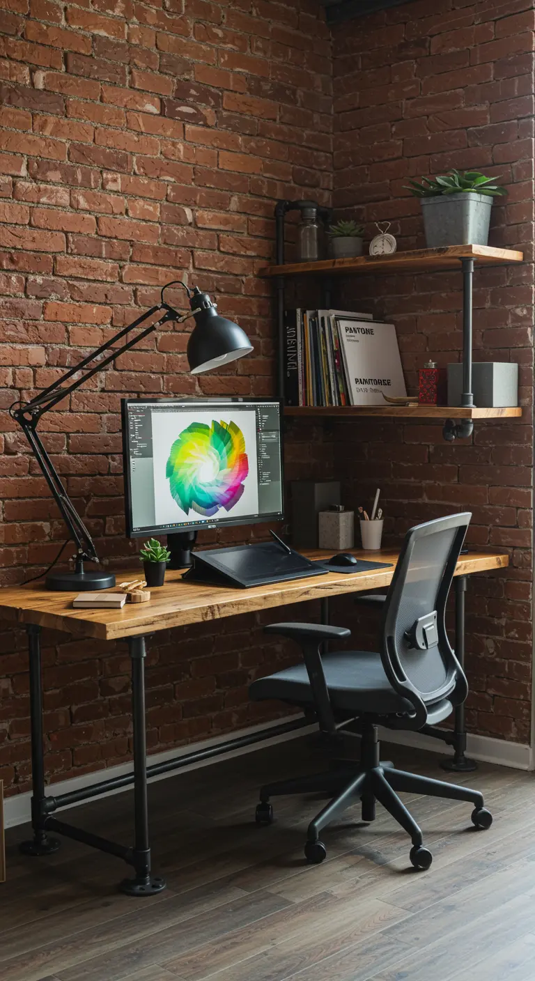 Estudio de diseño con pared de ladrillo, escritorio de madera y tuberías, y silla ergonómica