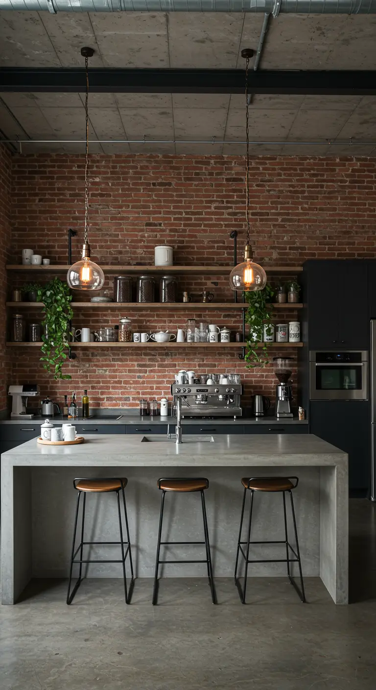 Cocina industrial con pared de ladrillo visto, isla de hormigón y estanterías de madera abiertas.