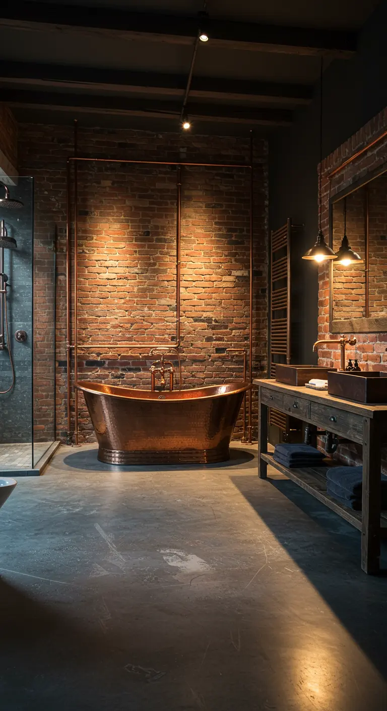 Baño industrial con bañera de cobre exenta, pared de ladrillo y suelo de cemento pulido.