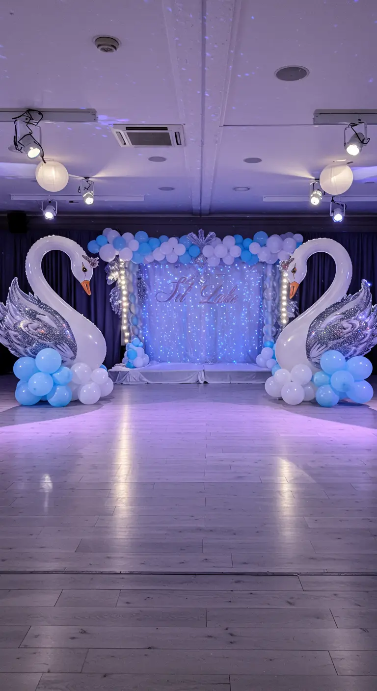 Escenario de fiesta con dos grandes globos de cisne y globos azules y blancos.