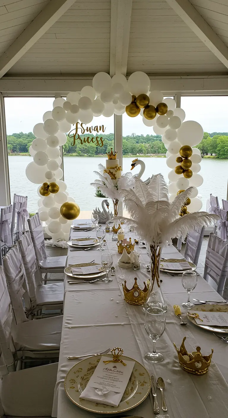 Mesa larga junto a un lago con arco de globos blancos y dorados y temática de cisnes.