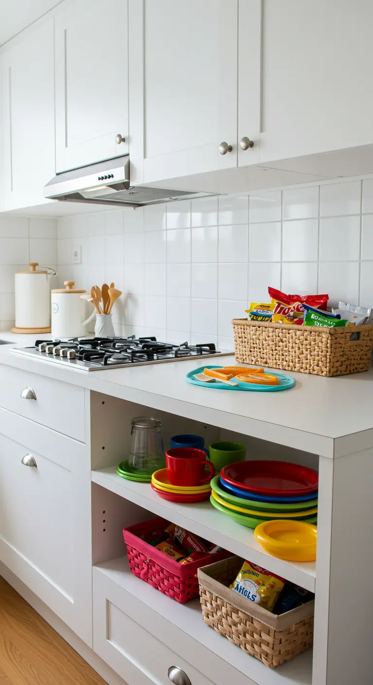 Estanterías abiertas instaladas en el lateral de un mueble de cocina blanco, con cestas y platos.