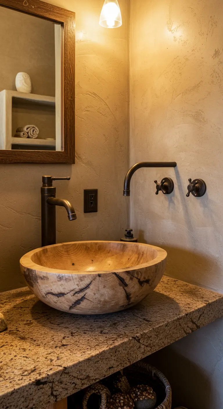 Lavabo de sobre-encimera rústico hecho de madera o raíz de bambú.