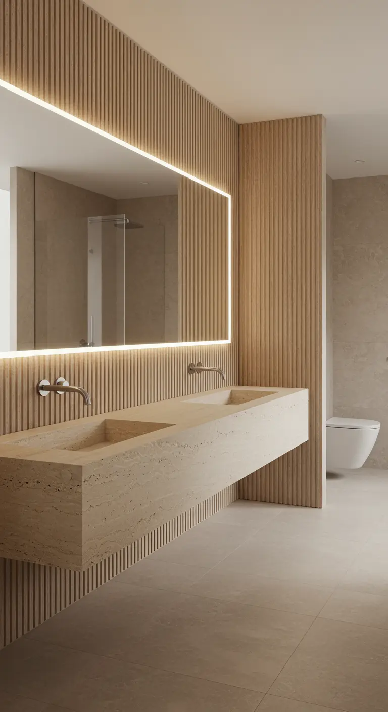 Baño con paredes de listones de madera y un impresionante lavabo doble de piedra natural.