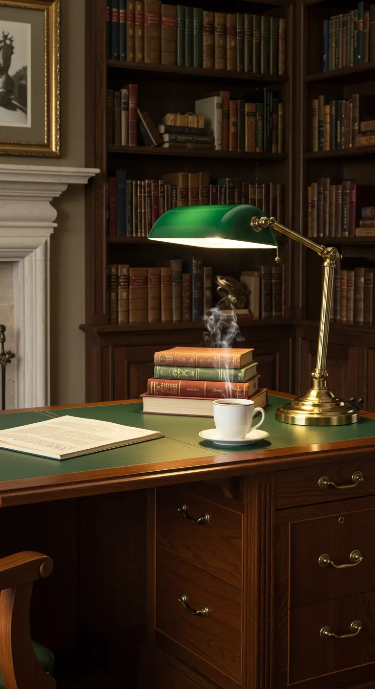 Escritorio de madera clásico con lámpara de banquero verde en una biblioteca.
