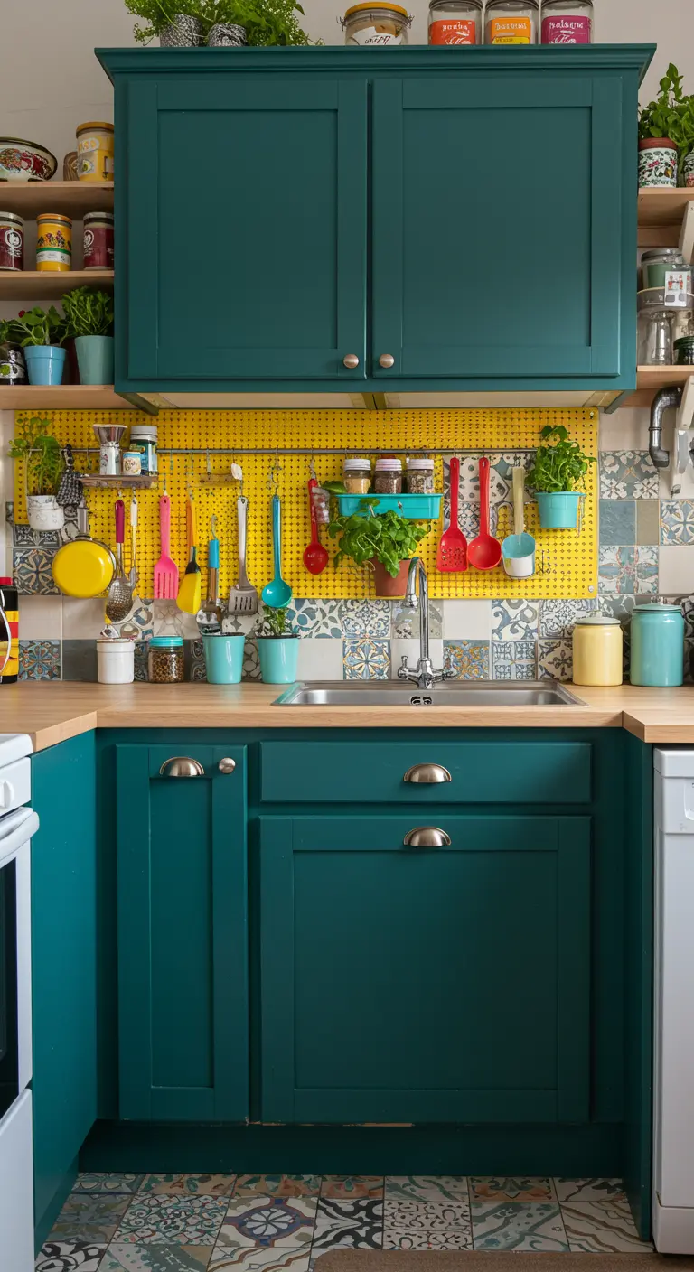 Panel perforado amarillo vibrante en una cocina verde azulado, con utensilios de colores colgados