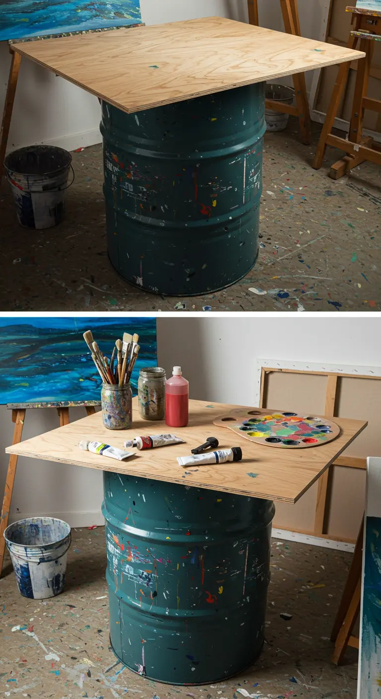 Mesa de trabajo en un estudio de arte con base de bidón de metal y una sencilla tapa de madera