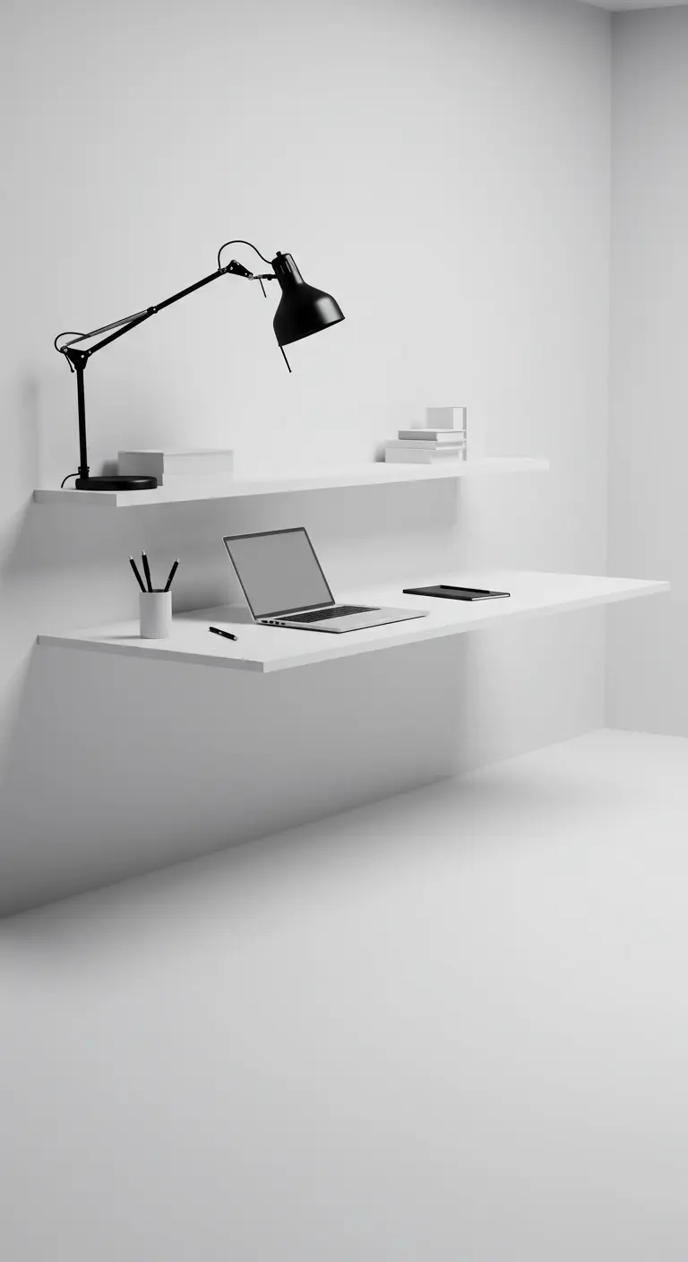 Rincón de trabajo minimalista totalmente blanco con escritorio y estantes flotantes y una lámpara negra.